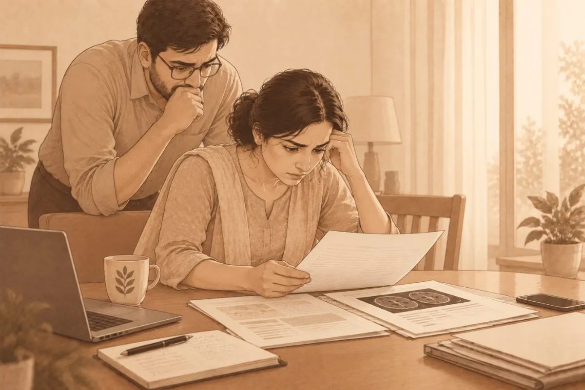 Papa seated quietly at home while the family looks through his reports